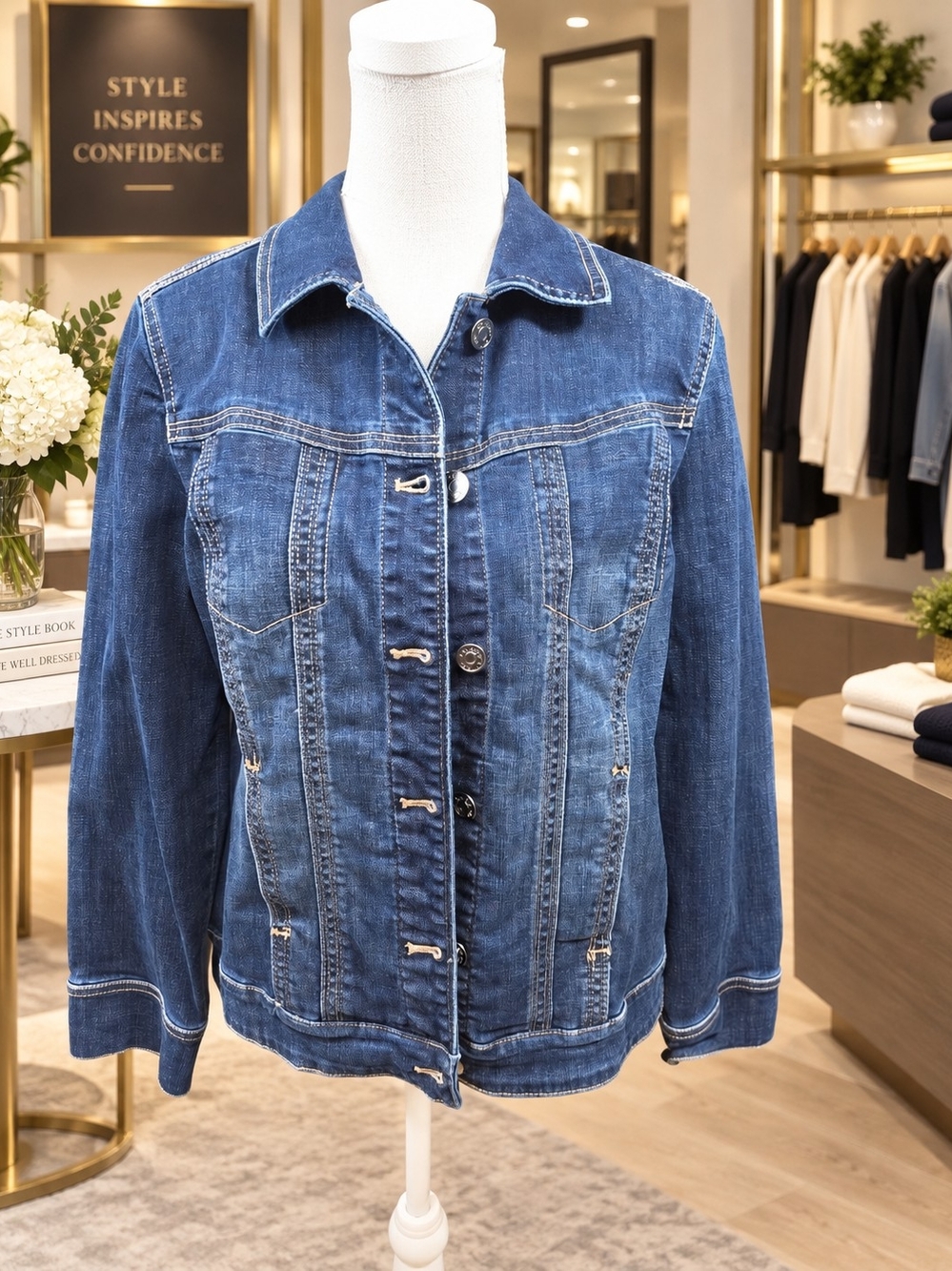 Chico’s Size 1 M 8/10 Dark Wash Denim Jean Jacket Classic Button Front - Picture 2 of 6